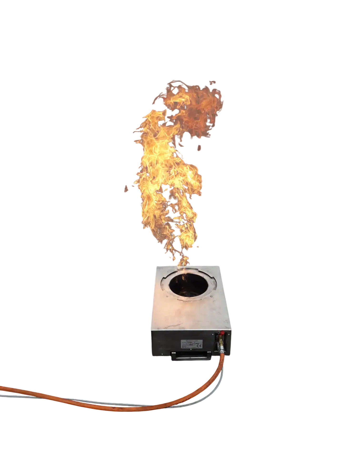 Feuerwalze auf Induktionskochfeld mit Flammen, Demonstration von Feuererzeugungstechnologie.