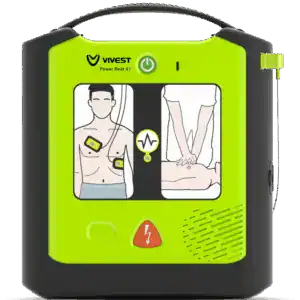 Automatischer Defibrillator (AED) von VIVEST mit Diagramsymbolen und Bedienungsanleitung.