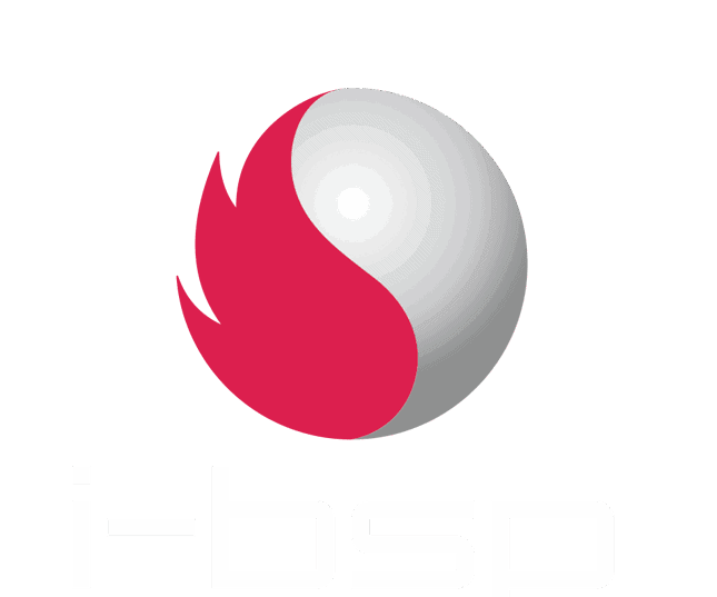 Modernes Logo der i-bsp Unternehmensgruppe mit roten Flammen-Design und grauem Globus, Fokus auf IT-Lösungen und Innovation.