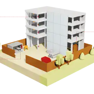 Hochmodernes Sicherheitskonzept für Gebäude mit Brandmelde- und Evakuierungssystemen.