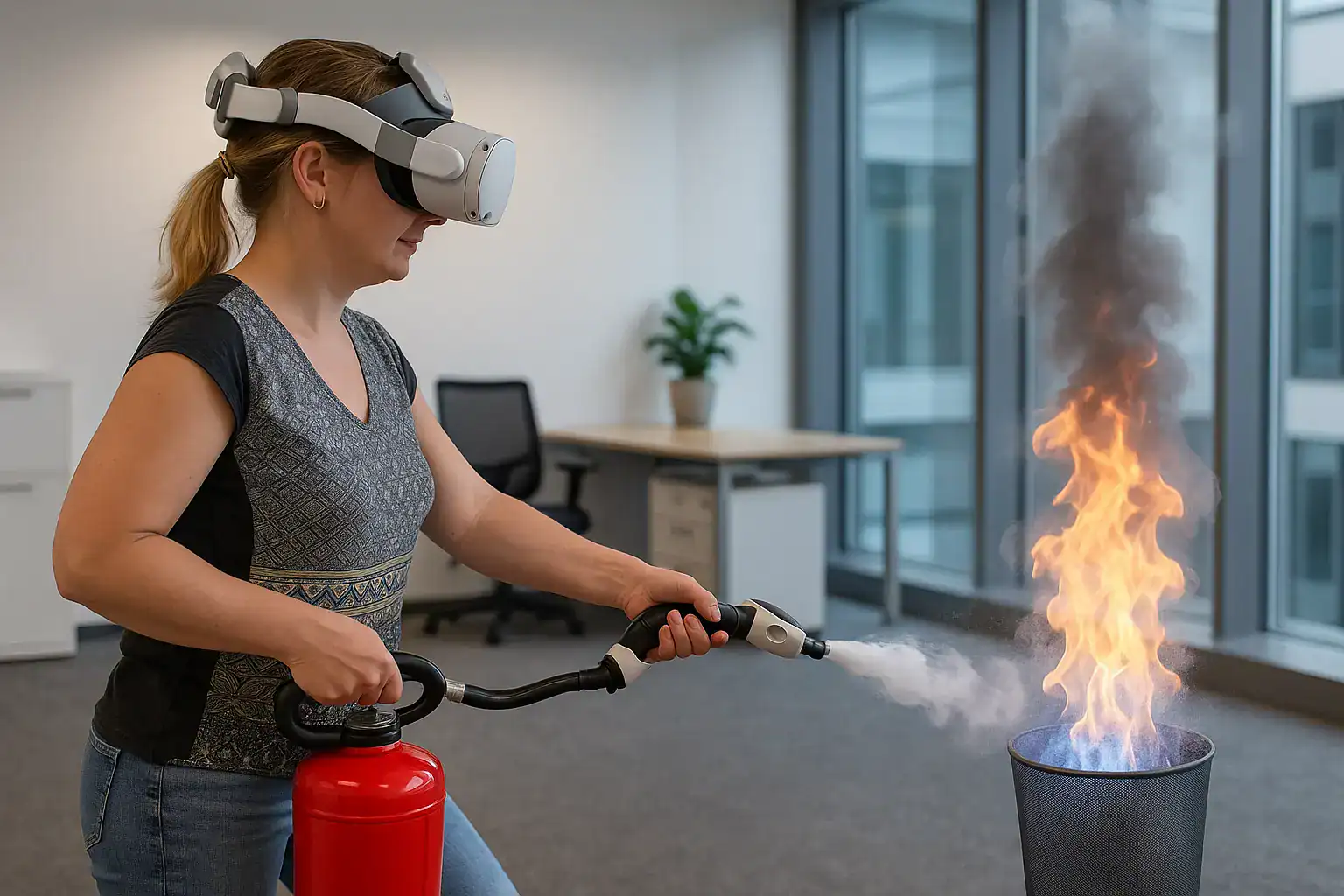 Sicherheitsübung, Frau trägt VR-Brille und löscht Feuer im Büro mit Feuerlöscher.