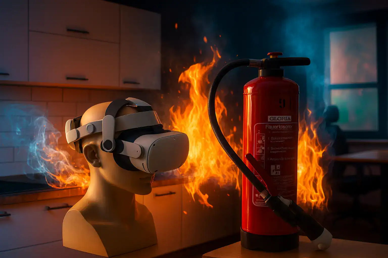Augenschutz VR-Brille vor Feuerlöscher bei Brandsimulation.